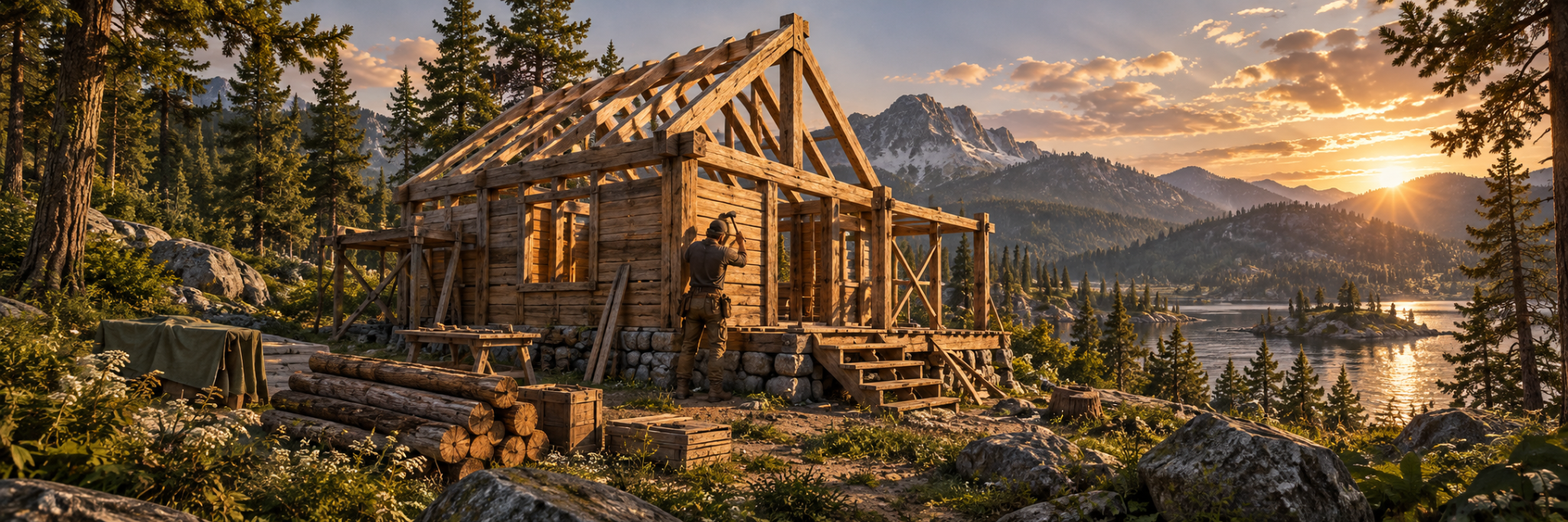 A builder constructing a wooden cabin beside a lake at sunset