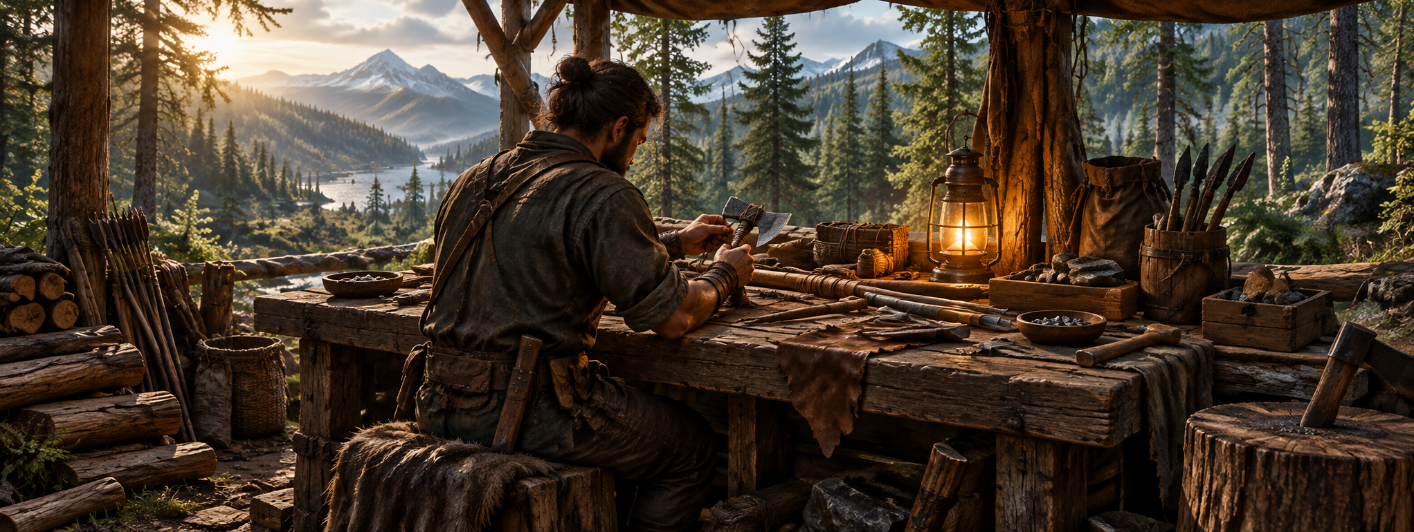 A craftsperson making tools at a forest workshop