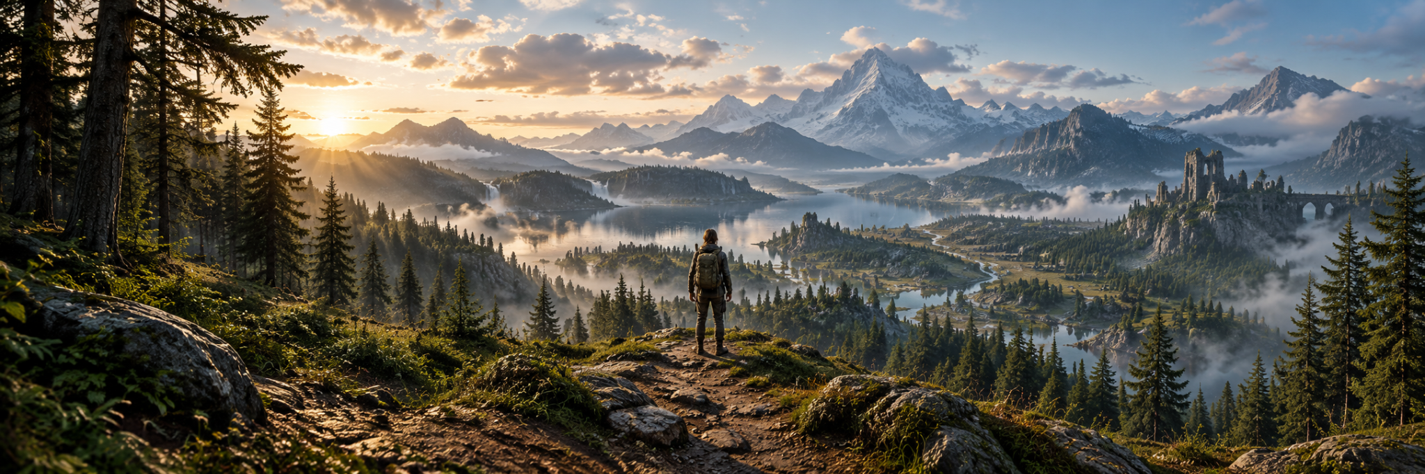 A traveller looking across a vast mountain valley at sunrise