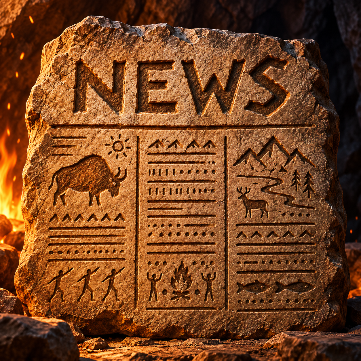 A prehistoric stone tablet carved with the word NEWS and primitive illustrations