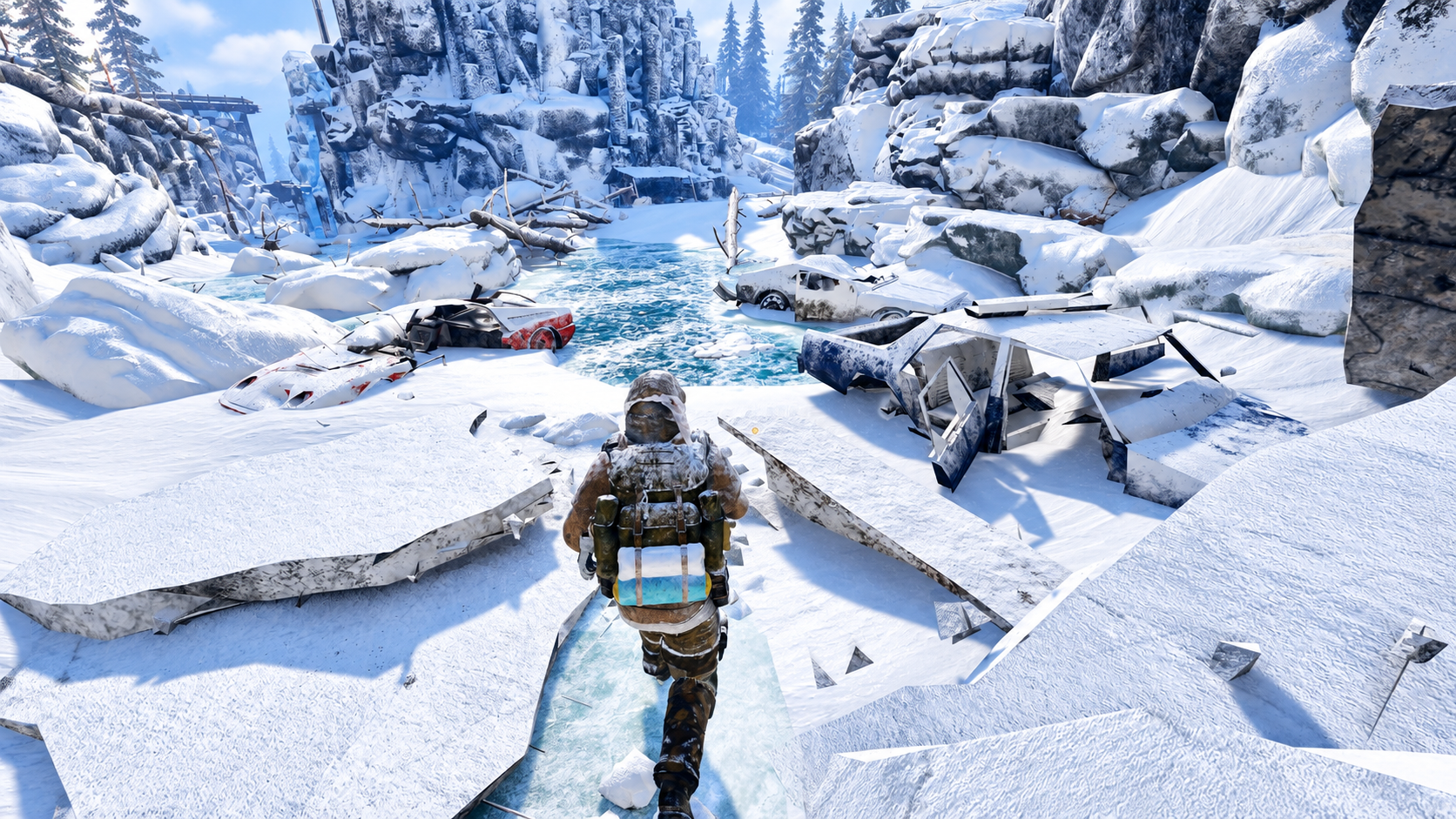 A lone traveller crossing a snow-covered Permafrost canyon