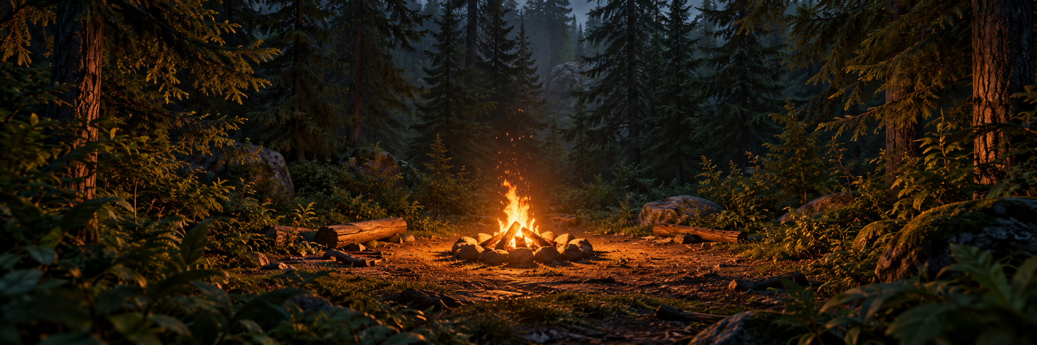 A campfire glowing in a dark forest at night